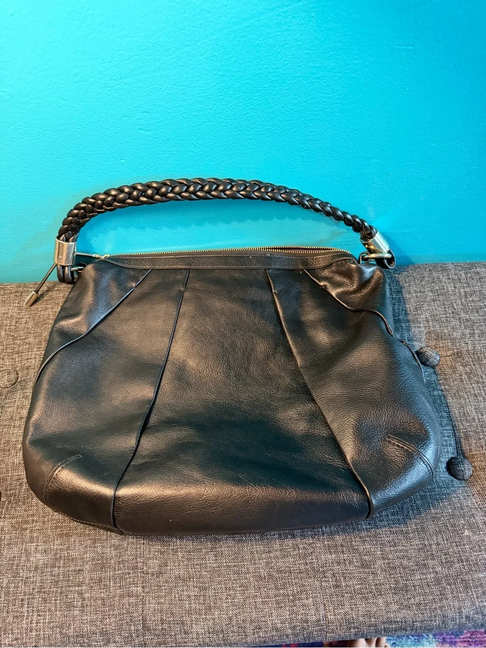 Cole Haan Black Braided-Handle Leather Shoulder Hobo
